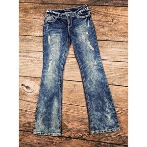 Maurices Womens 5/6 Blue Bootcut Jeans Distressed Thick Stitch Stretch Denim EUC